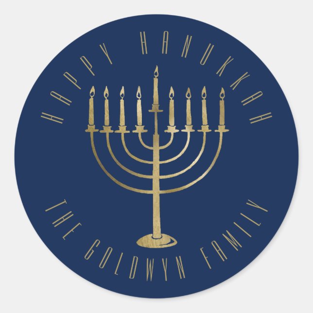 Adesivo Redondo Feliz Hanukkah: Feriado Dourado Azul de Menorah (Frente)