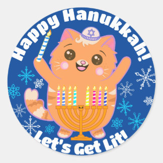 Adesivo Redondo Feliz Hanukkah Gato Bonito Menorah Stickers