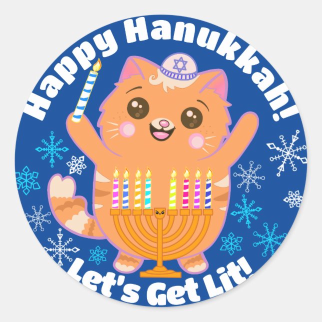 Adesivo Redondo Feliz Hanukkah Gato Bonito Menorah Stickers (Frente)