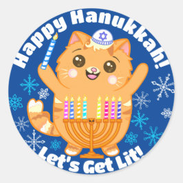 Adesivo Redondo Feliz Hanukkah Gato Bonito Menorah Stickers