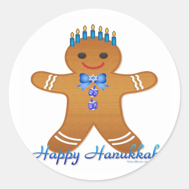 Adesivo Redondo Feliz Hanukkah Gingerpão Homem Menorah (Frente)