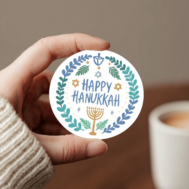 Adesivo Redondo FELIZ HANUKKAH, Grito Moderno Desenho Mão (HAPPY HANUKKAH Modern Hand-Drawn Cute Whimsical Classic Round Sticker
)