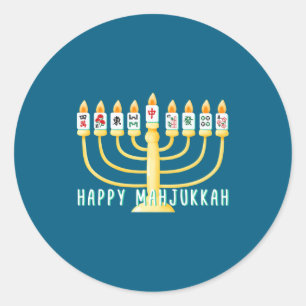 Adesivo Redondo Feliz Hanukkah Mahjong Menorá Mahjukkah Chanukkah