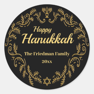 Adesivo Redondo Feliz Hanukkah Menorah, Dourado quadro festivo em