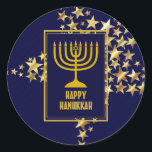 Adesivo Redondo FELIZ HANUKKAH | Menorah | Estrelas Douradas | MAR<br><div class="desc">Na moda festivo adesivos HANUKKAH com estrelas de ouro falsas. HOLIDAY BLESSINGS aparece em sutil padrão de fundo.</div>