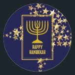 Adesivo Redondo FELIZ HANUKKAH | Menorah | Estrelas Douradas | MAR<br><div class="desc">Na moda festivo adesivos HANUKKAH com estrelas de ouro falsas. HOLIDAY BLESSINGS aparece em sutil padrão de fundo.</div>
