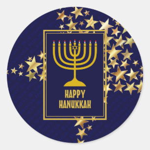 Adesivo Redondo FELIZ HANUKKAH  Menorah  Estrelas Douradas  MARINH