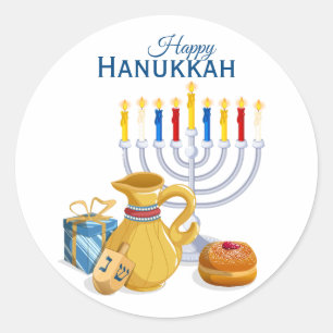 Adesivo Redondo Feliz Hanukkah Menorah Jarros de Óleo Sufganiyot