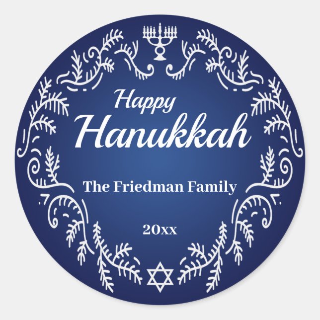 Adesivo Redondo Feliz Hanukkah Menorah Quadro Festivo Branco sobre (Frente)
