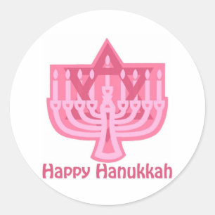 Adesivo Redondo Feliz Hanukkah Menorah Rosa