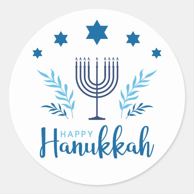 Adesivo Redondo Feliz Hanukkah Menorah Stars (Frente)