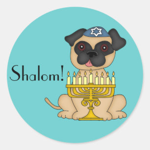 Adesivo Redondo Feliz Hanukkah-Pug Cachorro com Menorá