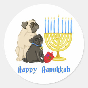 Adesivo Redondo Feliz Hanukkah Pugs e Menorah Stickers