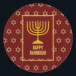 Adesivo Redondo FELIZ HANUKKAH Star David RED<br><div class="desc">Na moda festivo adesivos HANUKKAH com estrela de ouro falso de David como padrão de fundo. Parte da coleção FESTIVE STARS de Designs Bereanos.</div>