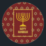 Adesivo Redondo FELIZ HANUKKAH Star David RED<br><div class="desc">Na moda festivo adesivos HANUKKAH com estrela de ouro falso de David como padrão de fundo. Parte da coleção FESTIVE STARS de Designs Bereanos.</div>