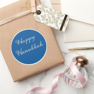 Adesivo Redondo Feliz Hanukkah Tekhelet Azul Roteiro Prata
