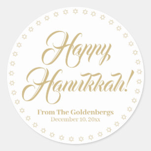 Adesivo Redondo Feliz Hanukkah texto personalizado em ouro branco