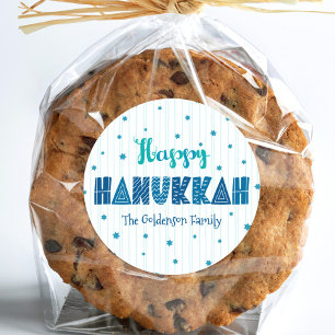 Adesivo Redondo Feliz Hanukkah Tipografia Turquesa Caprichosa Nome