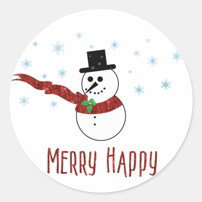 Adesivo Redondo Feliz Happy Snowman com Red Scarf (Frente)