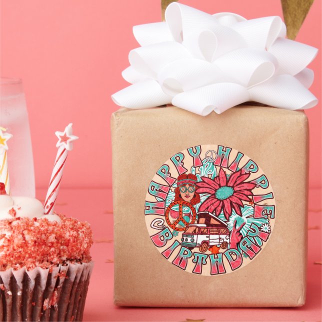 Adesivo Redondo Feliz Hippie Birthday - Colores (Festa)