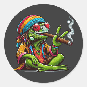 Adesivo Redondo Feliz Hippy Iguana Fumando Arte do Charuto