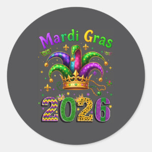 Adesivo Redondo Feliz Mardi Gras 2026 Chapéu de Bobo Homens Mulher
