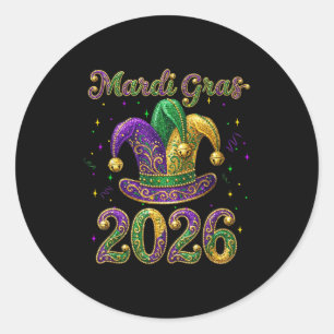 Adesivo Redondo Feliz Mardi Gras 2026 Chapéu de Bobo New Orleans H