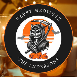 Adesivo Redondo Feliz Meoween Ceifador Sinistro Gato Halloween