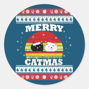 Adesivo Redondo Feliz Meowy Catmas Feia Suéter de Natal