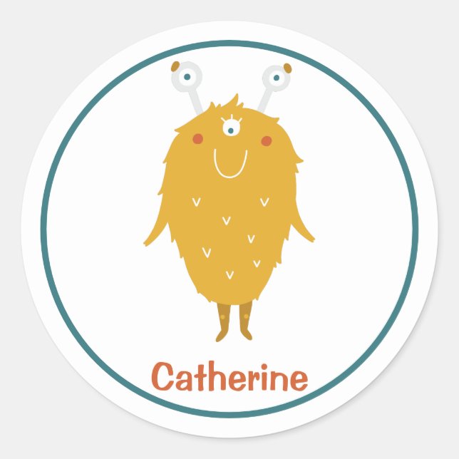 Adesivo Redondo Feliz monstro de laranja peludo peludo três olhos (Frente)