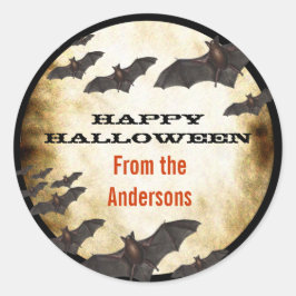 Adesivo Redondo Feliz Morcego de Halloween e Pergaminho Queimado