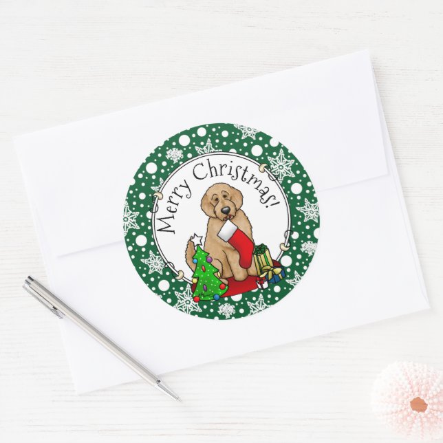 Adesivo Redondo Feliz Natal 2 Goldendoodle (ouro vermelho) (Envelope)