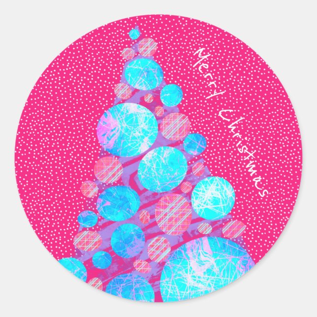 Adesivo Redondo Feliz Natal Abstrato Roxo Feriado em Árvore (Frente)