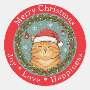 Adesivo Redondo Feliz Natal Alegria Amor Felicidade Gato Fofo 