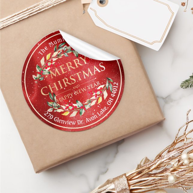 Adesivo Redondo Feliz Natal Ano Novo Floral Red Berry Endereço (Criador carregado)