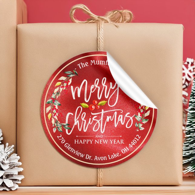 Adesivo Redondo Feliz Natal Ano Novo Floral Red Berry Endereço (Criador carregado)
