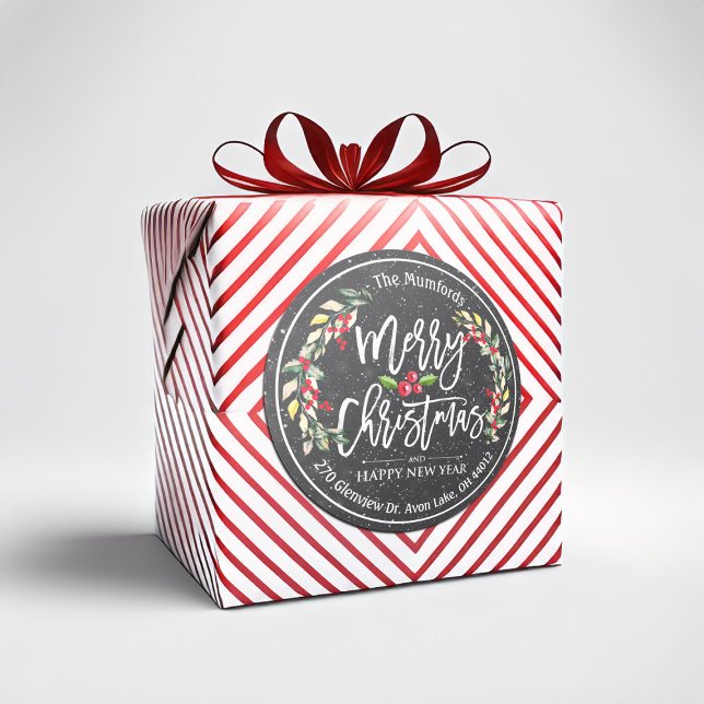 Adesivo Redondo Feliz Natal Ano Novo Floral Red Berry Endereço (Criador carregado)