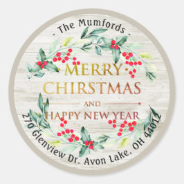 Adesivo Redondo Feliz Natal Ano Novo Floral Red Berry Endereço