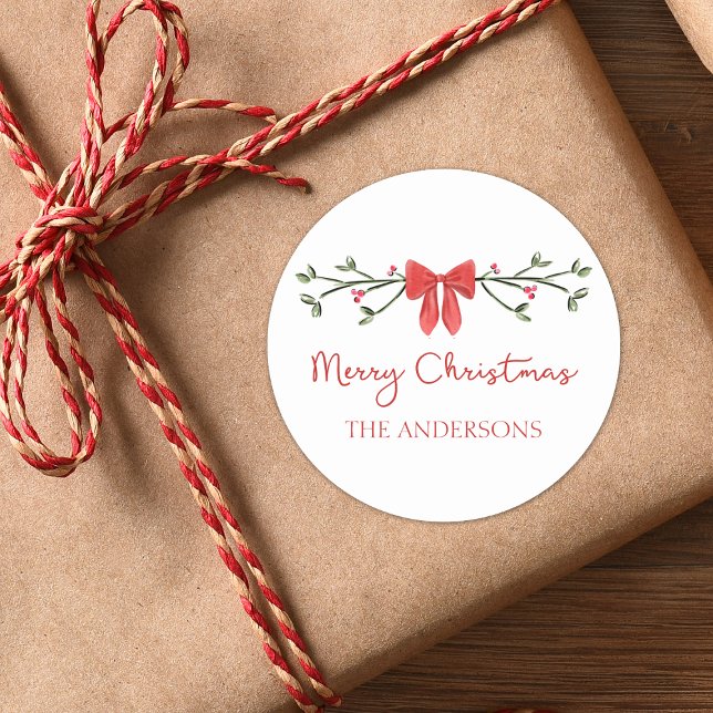 Adesivo Redondo Feliz Natal Arco Vermelho Coquette Chic Personaliz (Add a personalized touch to your holiday gifts with these festive stickers featuring a classic bow.)