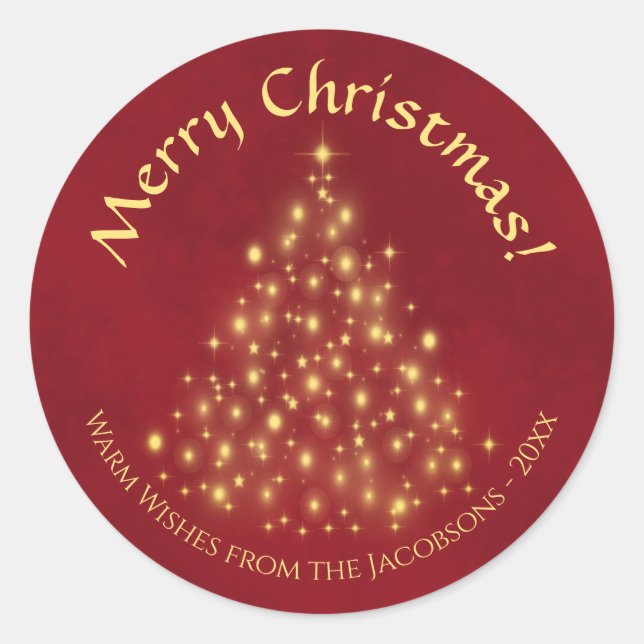 Adesivo Redondo Feliz Natal! Árvore das luzes do ouro em Vermelho  (Frente)