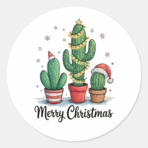 Adesivo Redondo Feliz Natal Árvore de Cactus Festivo Luzes de Nata