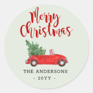 Adesivo Redondo Feliz Natal Árvore de Natal em Carro Vermelho Feri