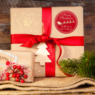 Adesivo Redondo Feliz Natal Árvore Nome Red Dourado Papais noeis 