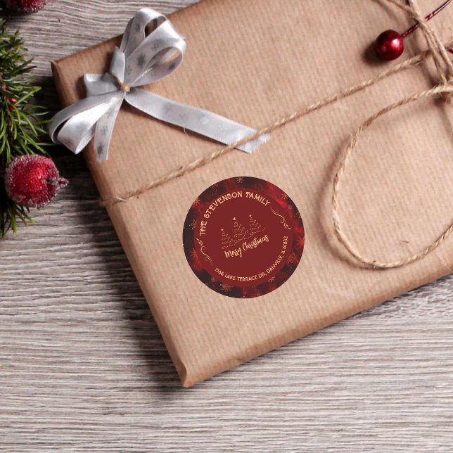 Adesivo Redondo Feliz Natal Árvores Burgundy (Merry Christmas Trees Burgundy Classic Round Sticker)