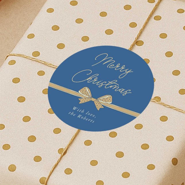 Adesivo Redondo Feliz Natal Azul & Creme Fita Manuscrita (Modern whimsical bow blue and cream Christmas stickers)