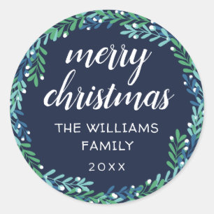 Adesivo Redondo Feliz Natal azul da grinalda