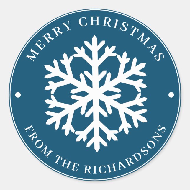 Adesivo Redondo Feliz Natal Azul redondo Branco Floco de Neve (Frente)