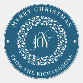 Adesivo Redondo Feliz Natal Azul redondo Branco Holly Wreath Joy