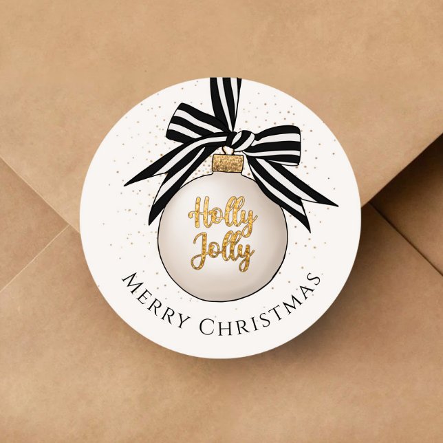 Adesivo Redondo Feliz Natal Bauble White Black (Merry Christmas Bauble White Black Classic Round Sticker)