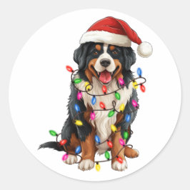 Adesivo Redondo Feliz Natal Bernese Mountain Dog Santa Hat